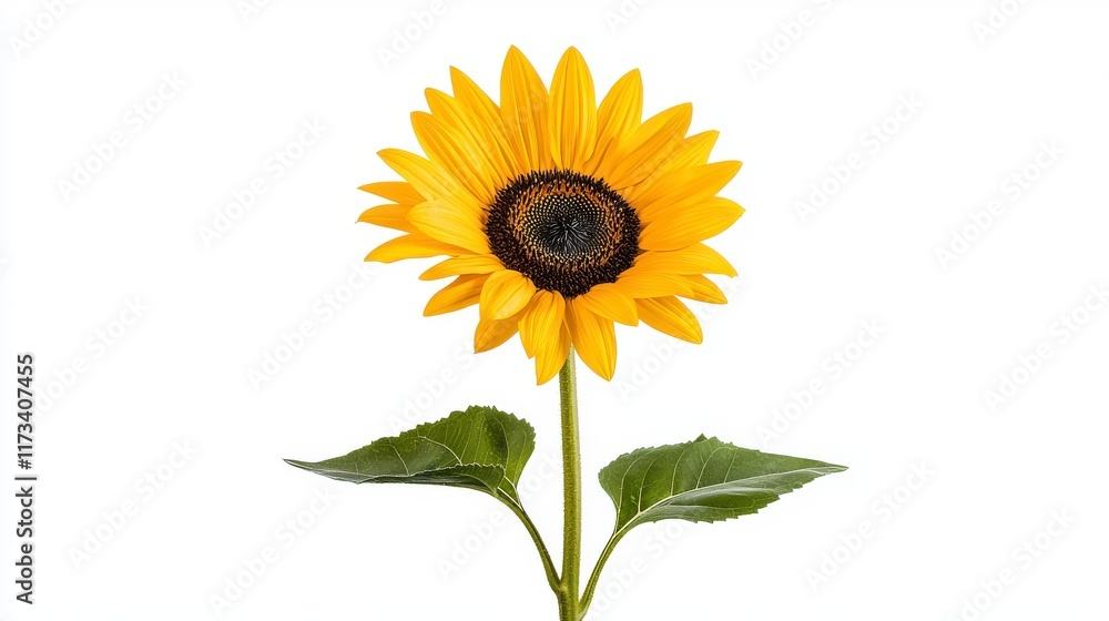 Obraz premium Bright Yellow Sunflower Bloom with Fresh Green Leaves on Stem