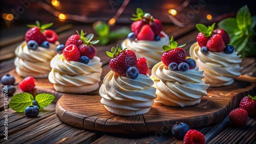 Mini Pavlova Cakes with Strawberry Cream & Berries - High Angle Night Photography photo