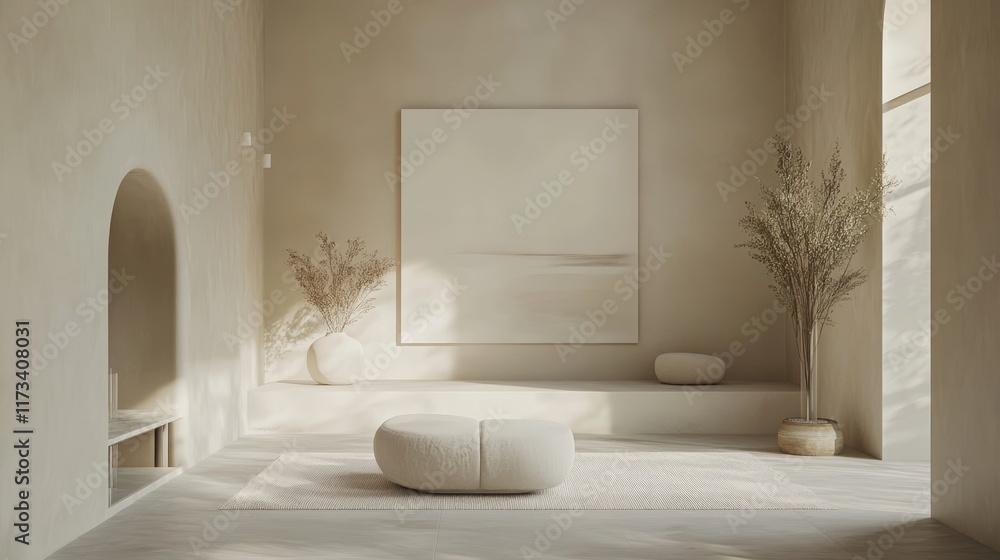 Sunlit minimalist room with neutral tones, modern decor, abstract art, and elegant furniture creating a serene atmosphere. Sunlit minimalist room with neutral tones, modern decor, abstract art, and elegant furniture creating a serene atmosphere.