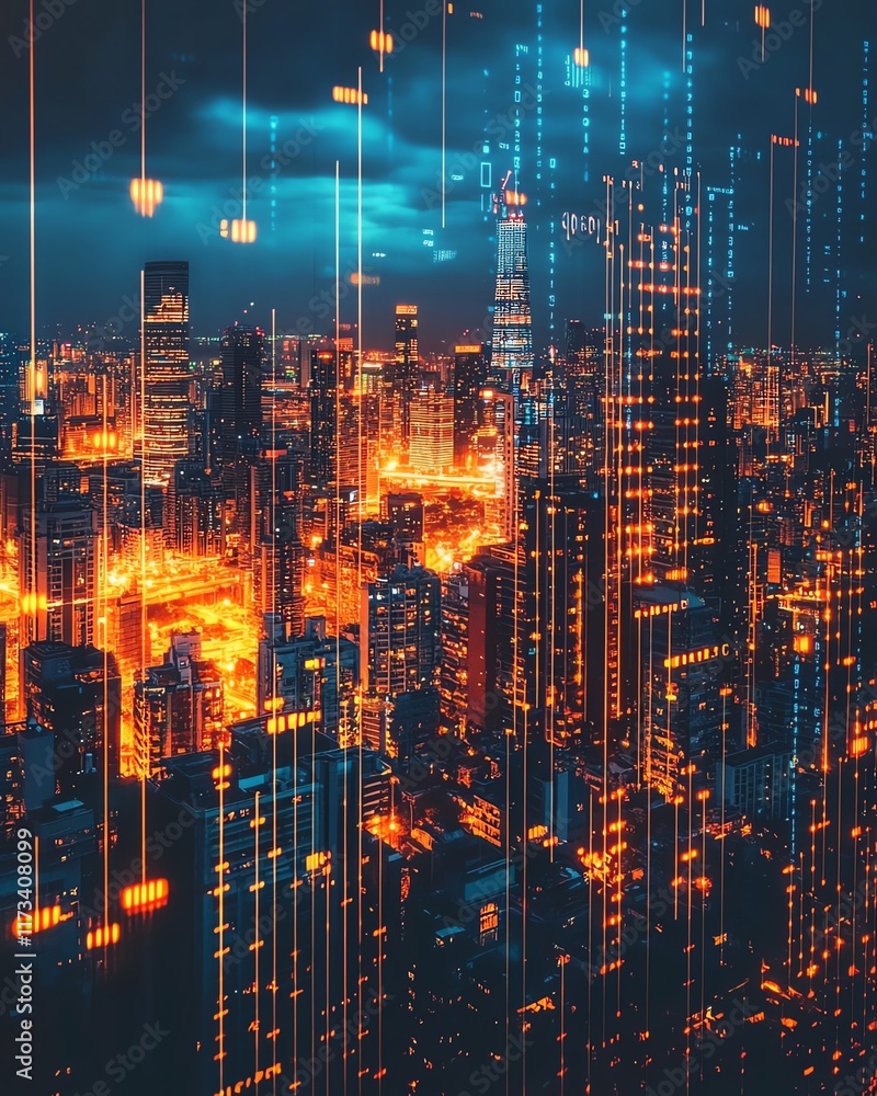Cityscape at night with digital finance concept, double exposure effect, glowing data, financial charts, neonlit skyline, modern techinspired global economy visualization Cityscape at night with digital finance concept, double exposure effect, glowing data, financial charts, neonlit skyline, modern techinspired global economy visualization