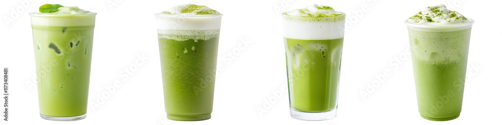 Iced matcha green tea drinks with frothy toppings and vibrant colors Iced matcha green tea drinks with frothy toppings and vibrant colors