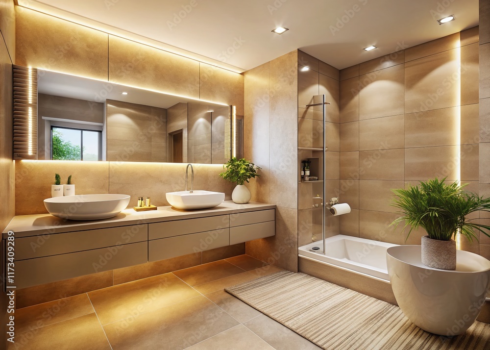 Fototapeta premium Modern Beige Bathroom, Low Light Interior Design Stock Photo