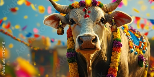 Vibrant Cow Adorned with Garlands and Bells for Makar Sankranti photo