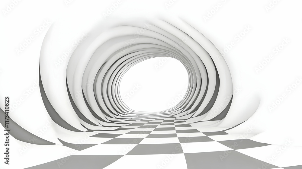 Fototapeta premium Abstract swirling tunnel with checkered floor, leading to bright light, ideal for futuristic or technology backgrounds.