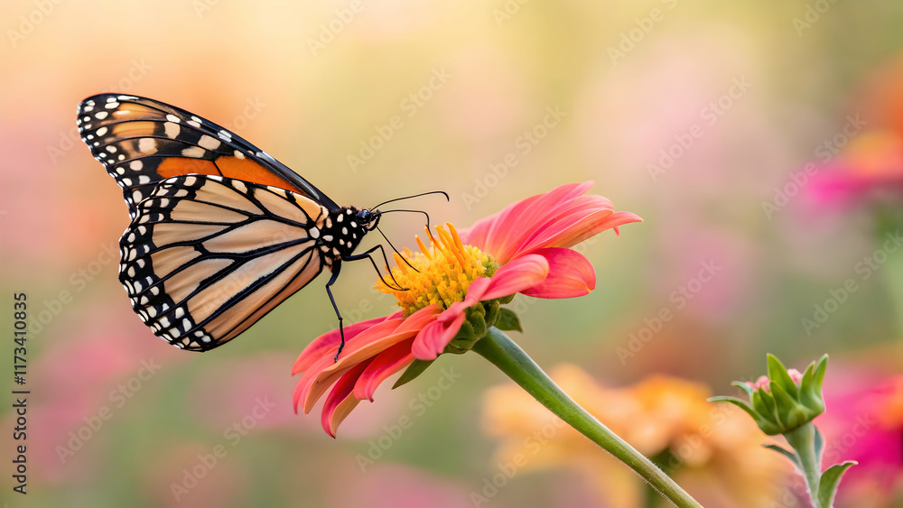 Fototapeta premium Close-Up of Monarch Butterfly on Vibrant Flower in Soft Focus