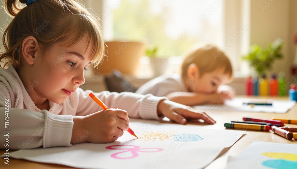 Children drawing and coloring on paper in a bright room Children drawing and coloring on paper in a bright room