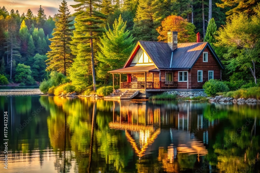 Fototapeta premium Modern Lake Cottage, Rustic Charm, Lakeside Retreat, Tranquil Waterfront Home, Cozy Cabin Getaway