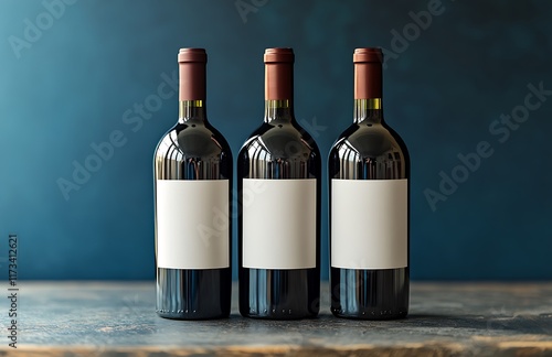 Three red wine bottles with blank white labels stand on a dark wooden table against a deep blue background. photo