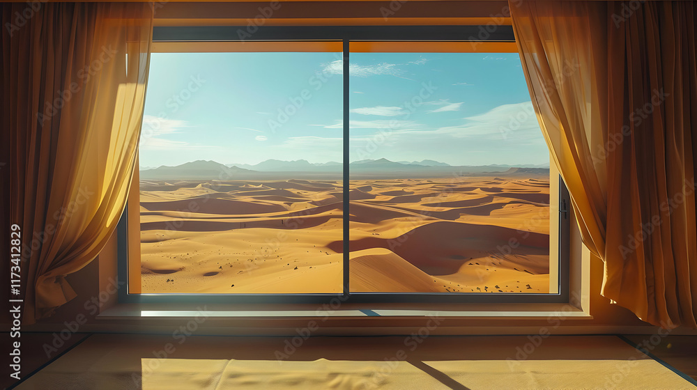 A window with a view of a vast desert, the sun casting long shadows over the dunes A window with a view of a vast desert, the sun casting long shadows over the dunes