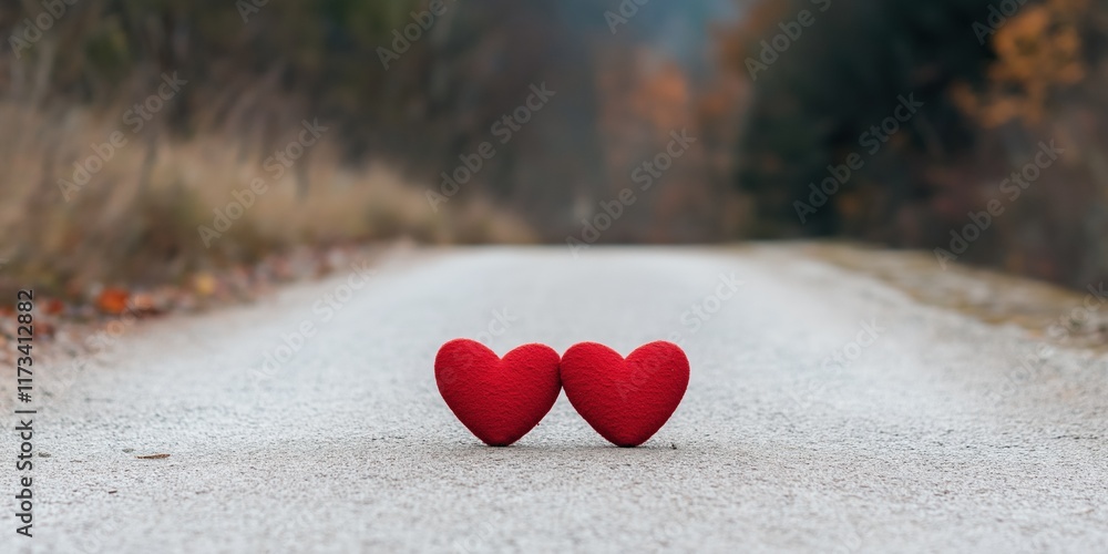 Fototapeta premium Two red hearts are on the road, one on the left and one on the right. The road is empty and the hearts are placed in the middle of it
