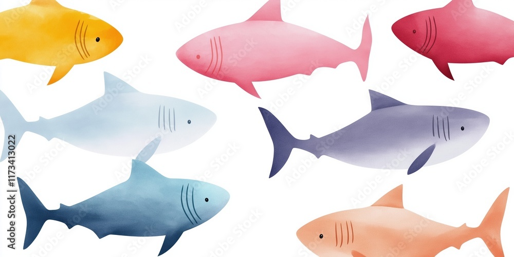 Fototapeta premium A group of colorful sharks swimming in a line. The sharks are of different sizes and colors, including blue, pink, and yellow. The image has a playful and vibrant mood