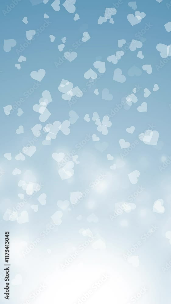 Abstract beautiful blurred blue bokeh background with white fly hearts and particle. Loop animation for Valentine's Day. Vertical video. Abstract beautiful blurred blue bokeh background with white fly hearts and particle. Loop animation for Valentine's Day. Vertical video.