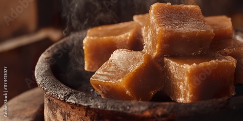 Melting Jaggery Blocks on Clay Stove for Sweet Making photo