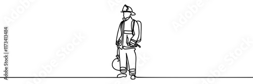 Single continuous line drawing firefighters with full uniform. Dynamic one line draw graphic design vector illustration