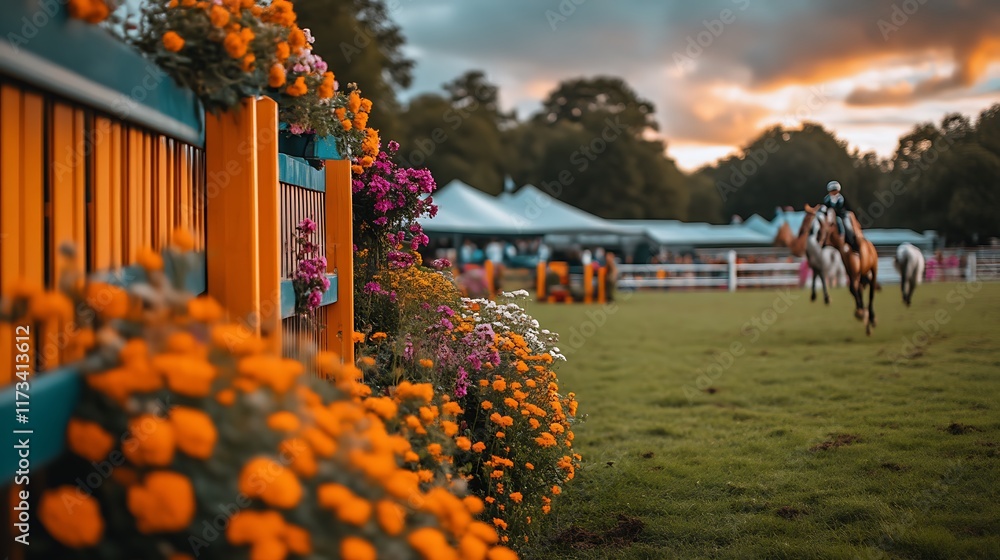 Colorful Flowers Frame Equestrian Event Sunset