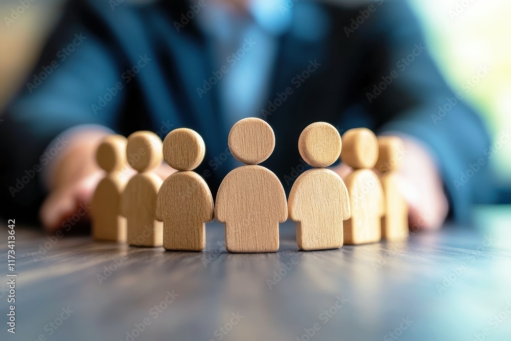 Wooden figurines representing group dynamics in business setting with blurred background and hands of a professional person fostering collaboration and teamwork Wooden figurines representing group dynamics in business setting with blurred background and hands of a professional person fostering collaboration and teamwork