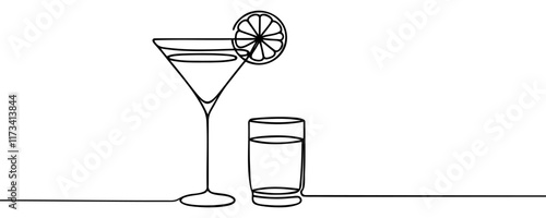 Continuous one line drawing of Glass of lemonade, or cocktail with lemon.