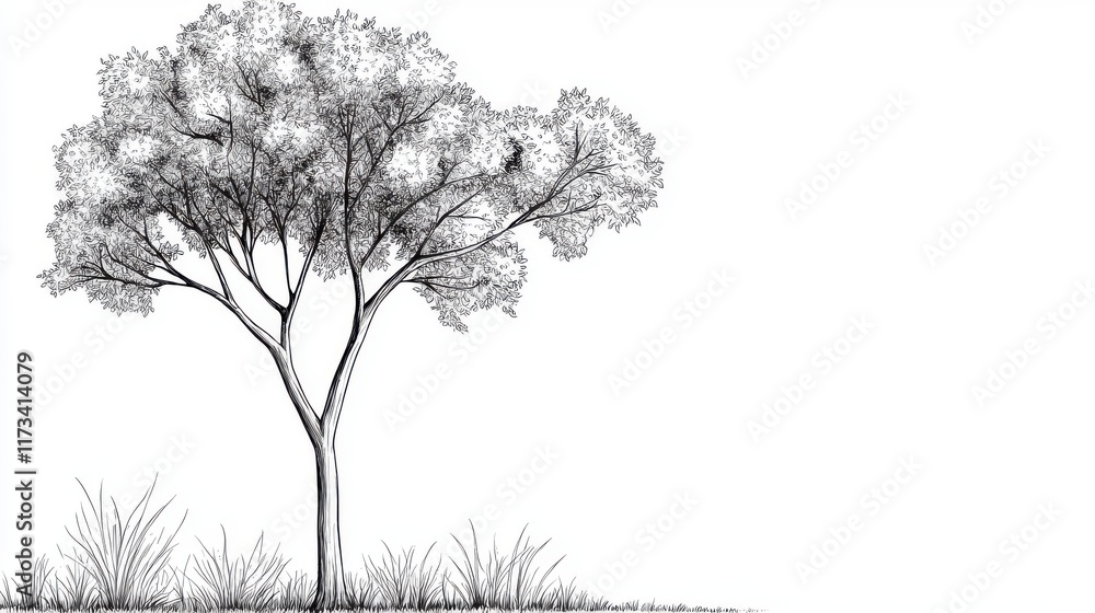 Obraz premium Detailed Sketch of a Single Tree with Grass on a White Background