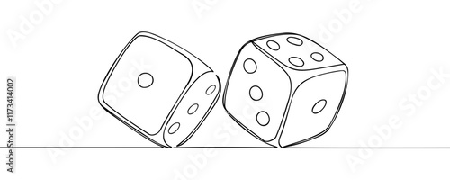 Two dices one line vector illustration. Continuous contour drawing of game dice.