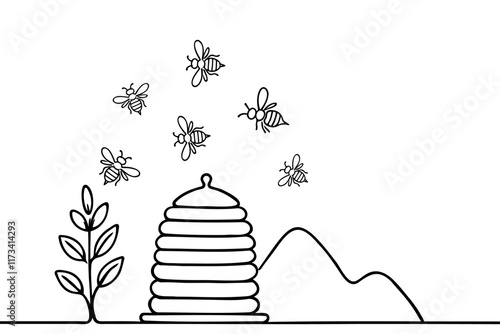 Cute bees flying near hive and flower spring line drawn