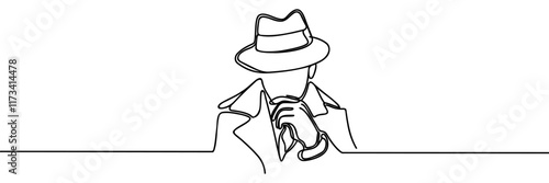 One line continuous detective with hat. Thinking while investigating case. Private detective in hat and trench.