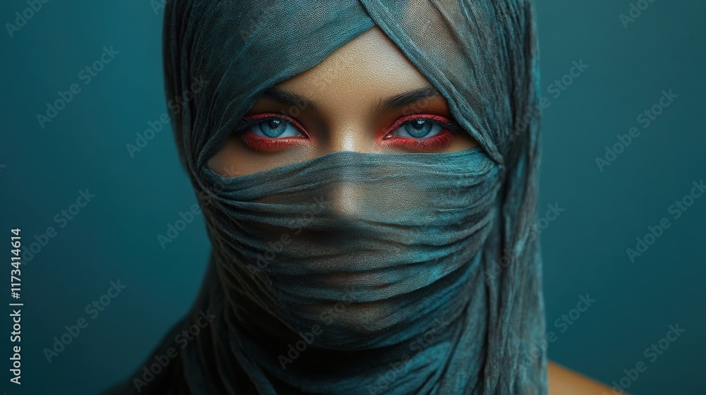 Mysterious woman with vibrant makeup partially veiled in a teal fabric. Her piercing blue eyes peek through. Mysterious woman with vibrant makeup partially veiled in a teal fabric. Her piercing blue eyes peek through.