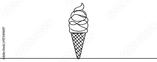 Continuous one line drawing of Ice Cream. Ice Cream Cone line art drawing vector illustration.