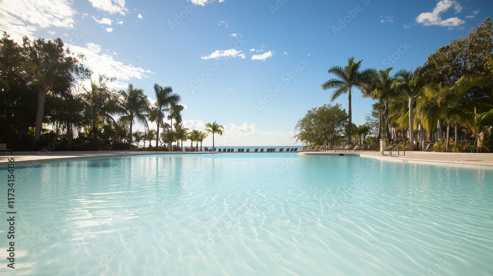Grand Poolside View at Tropical Resort with Ocean Backdrop Grand Poolside View at Tropical Resort with Ocean Backdrop