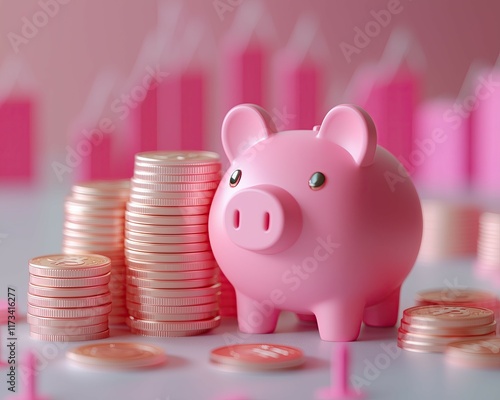 Pink piggy bank with coins and money on the table photo