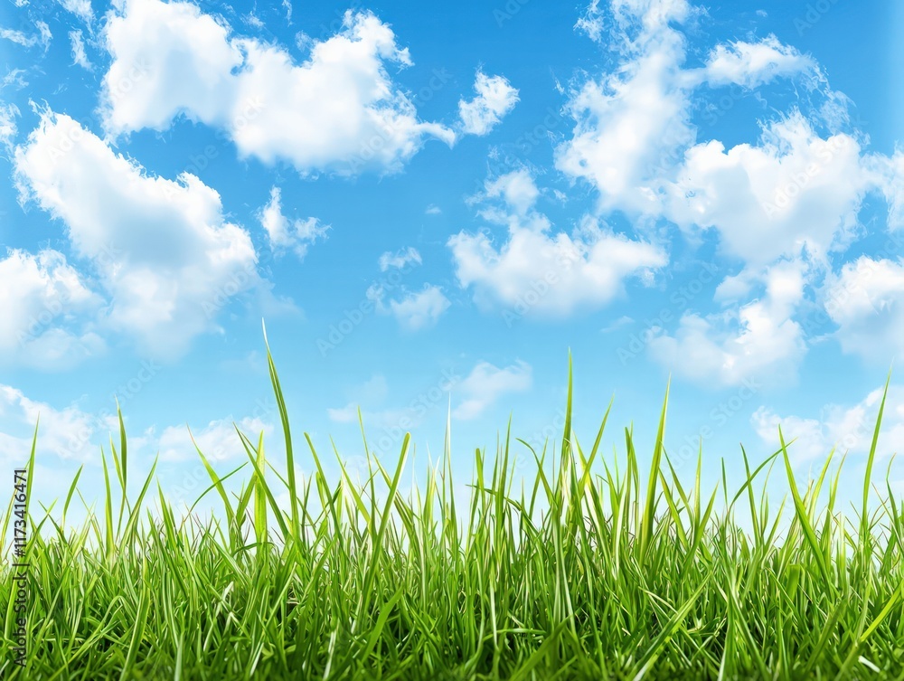 Fototapeta premium A vibrant field of green grass under a bright blue sky scattered with fluffy white clouds.