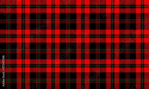 Plaid fabric pattern, black, red, green, distinctive lattice cross lines, seamless for textiles, and for designing clothes, skirts or decorative fabrics. Vector illustration.