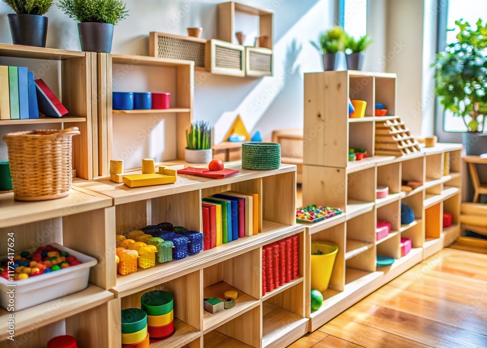 Montessori Classroom Shelf: Organized Educational Materials for Young Learners