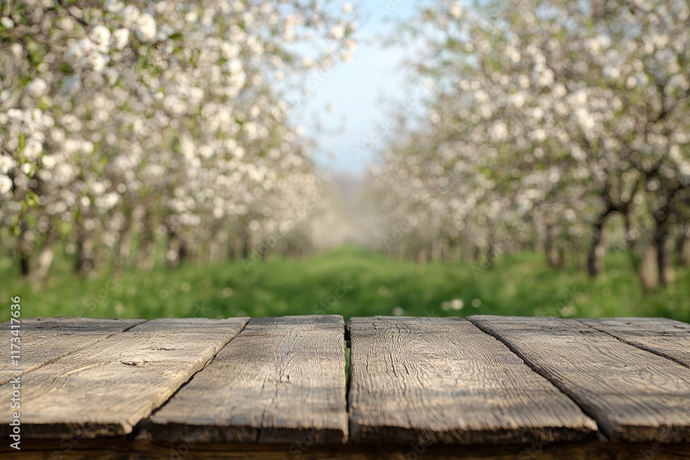 Fototapeta premium Rustic wooden table in a blossoming spring orchard.