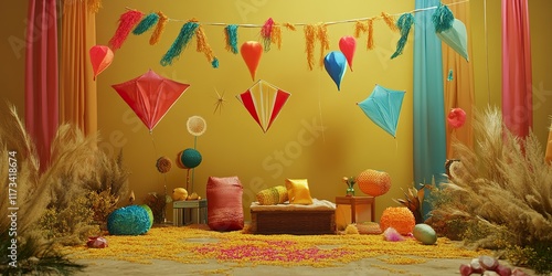 A Vibrant Makar Sankranti Photo Booth Setup with Kites and Tilgul for Festive Celebrations photo