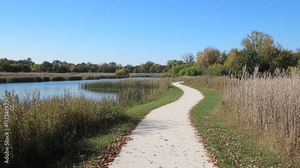 Serene Autumn Lakeside Path Winding Trail Nature Walk