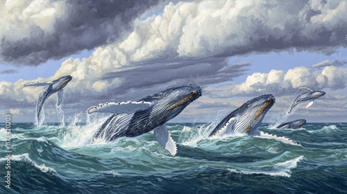 Four humpback whales breaching in the ocean under a dramatic sky. photo