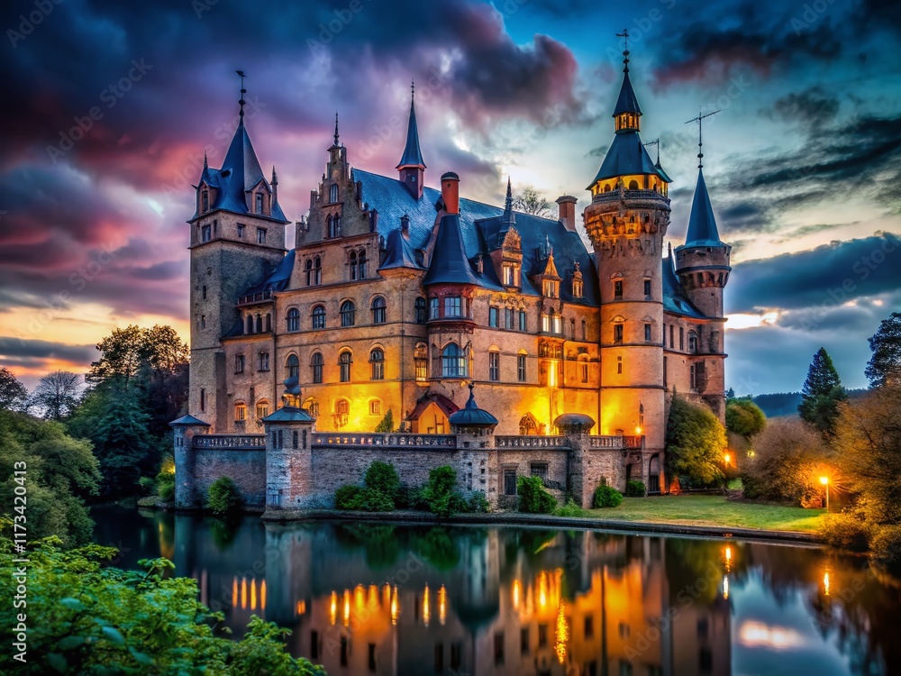 Obraz premium Mysterious Schloss 11a: Gothic Architecture at Twilight, Dramatic Lighting, Eerie Atmosphere, Intricate Details, Old Castle
