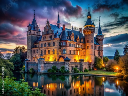 Mysterious Schloss 11a:  Gothic Architecture at Twilight, Dramatic Lighting, Eerie Atmosphere,  Intricate Details, Old Castle photo