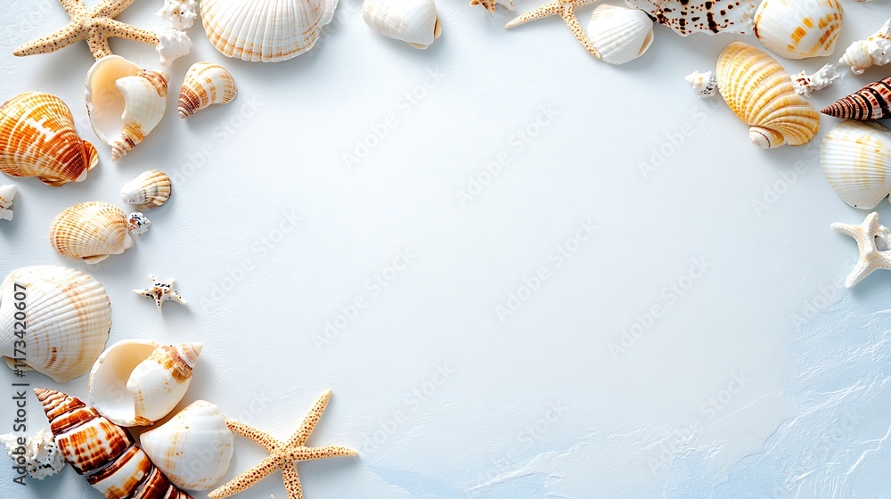 Fototapeta premium Seashells and Starfish Summer Border on Blue Background