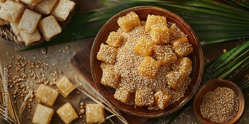 Delicious Makar Sankranti Feast: Sesame Seeds, Jaggery, and Sugarcane Ready to Eat photo