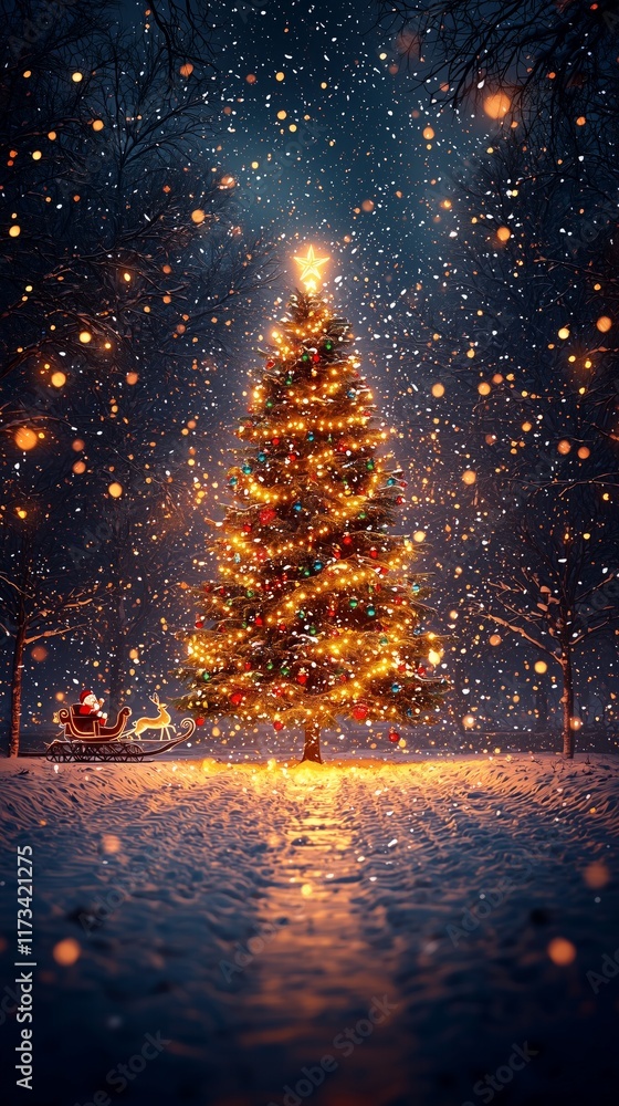 Naklejka premium Illuminated christmas tree in snowy winter wonderland