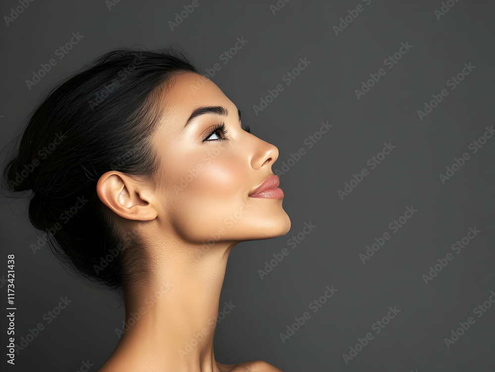 Serene woman with perfect skin, smiling gently while facing right, isolatedd on a grey background. Serene woman with perfect skin, smiling gently while facing right, isolatedd on a grey background.