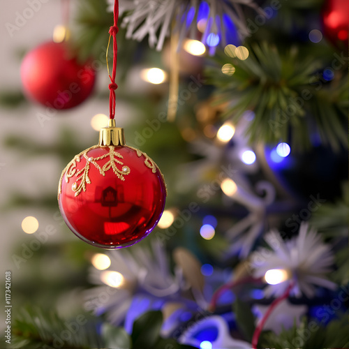 Chirstmas tree and lights and background. gold Red bobble decoration photo