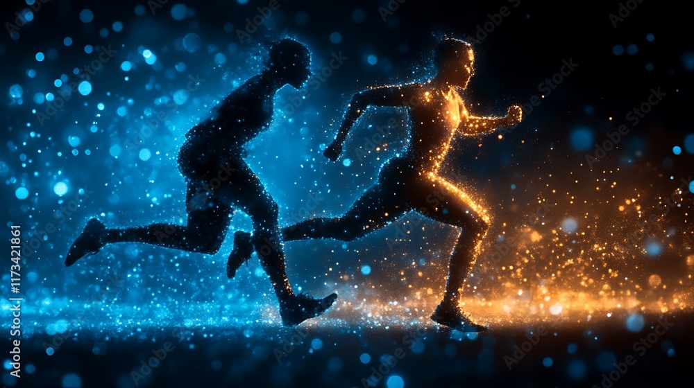 Naklejka premium Two Runners Composed Of Sparkling Light Particles
