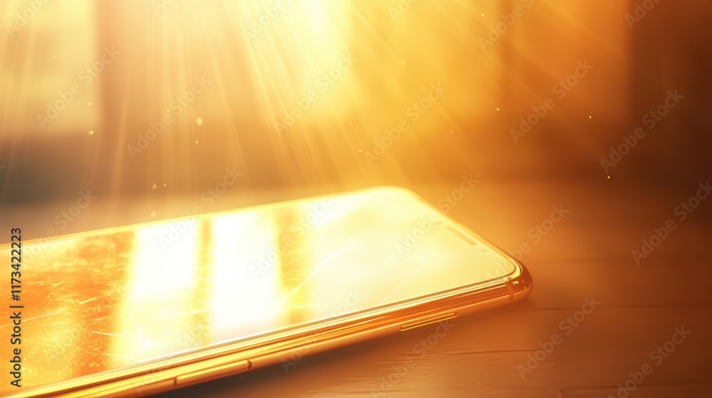 Golden phone illuminates with bright light, symbol of modern communication and technological innovation Golden phone illuminates with bright light, symbol of modern communication and technological innovation