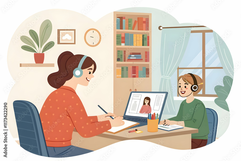 Online Learning Session Between Teacher and Student in Cozy Room Online Learning Session Between Teacher and Student in Cozy Room