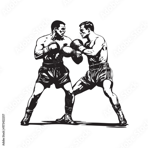 Vintage Boxing Match Design Black and White Vector Illustration