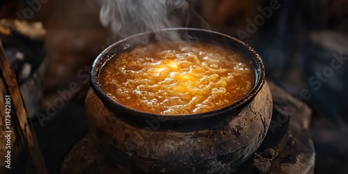 Authentic Indian Jaggery Syrup Boiling on Traditional Clay Stove: Perfect for Sweet Recipes and Culinary Backgrounds photo