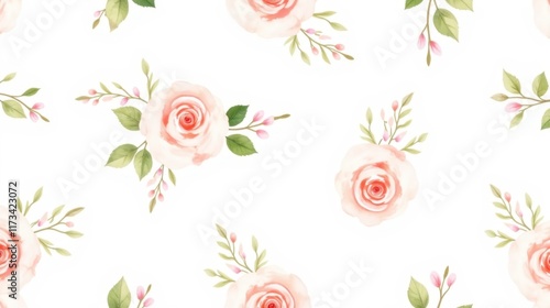 Delicate Pink Roses and Green Leaves Seamless Floral Pattern Design