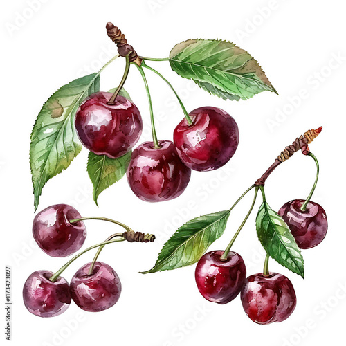 Cherry set isolated on white background, vintage watercolor old botanical illustration